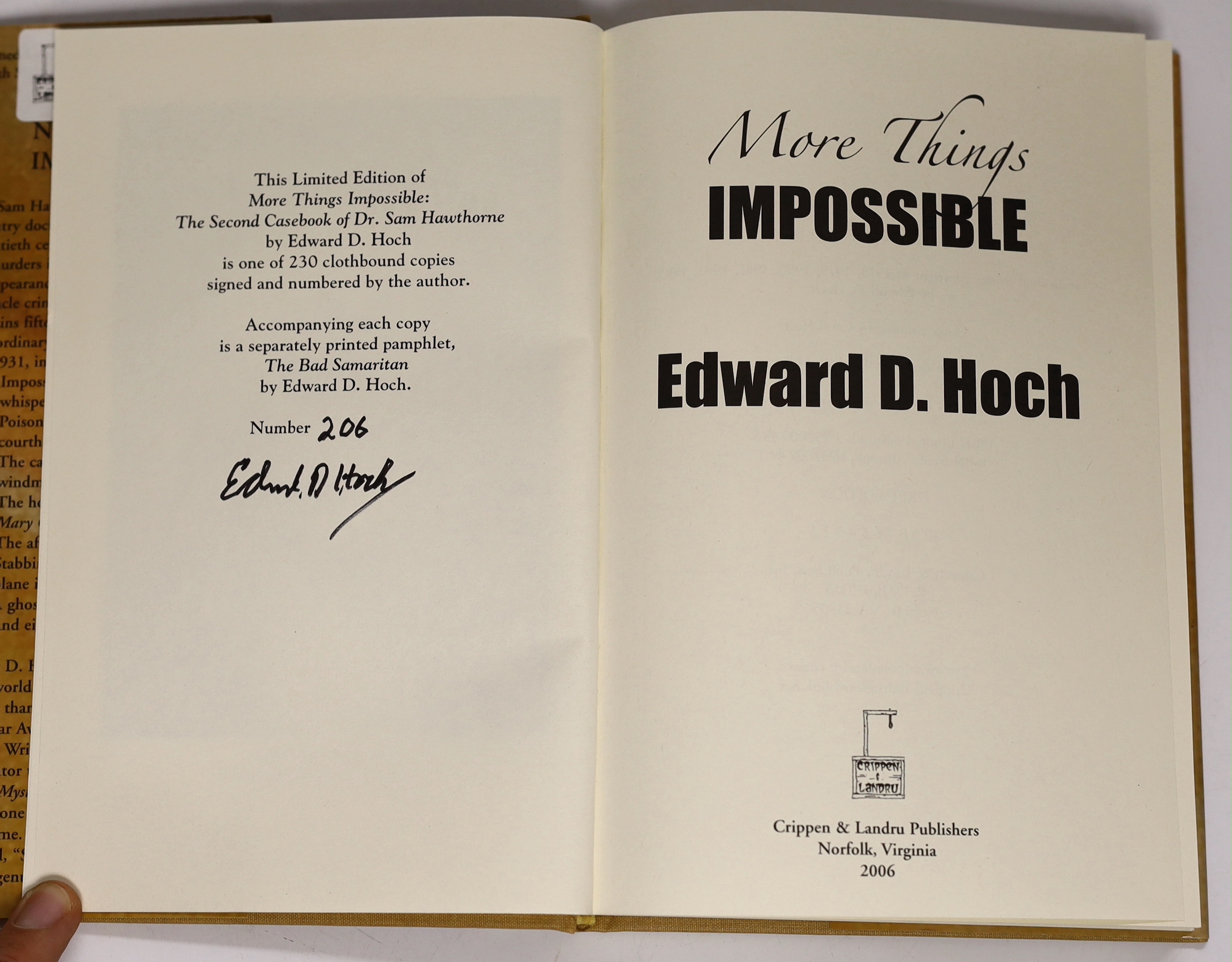 Hoch, Edward D. - Diagnosis: Impossible The problems of Dr. Sam Hawthorne. Limited Edition (of 300 numbered copies, signed by the author). publisher's cloth and d/wrapper. Norfolk (Va): Crippen & Landru, 1996